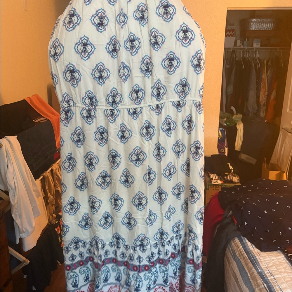 Blue and White Patterned Spaghetti Strap Dress